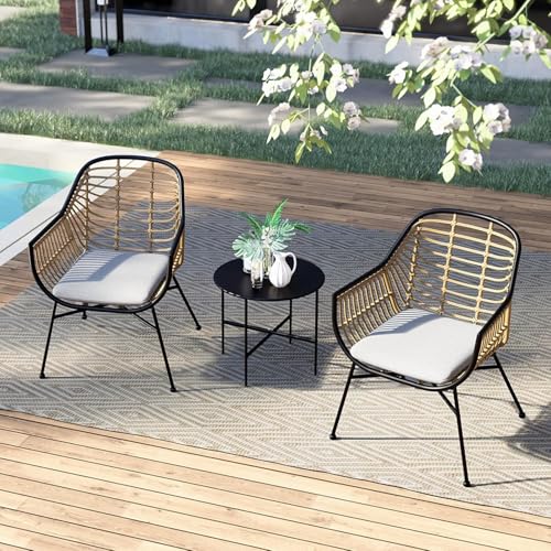 Grand patio Patio Furniture Set, Outdoor Wicker Patio Conversation Seating Chair with Cushions and Coffee Table, Boho Seating Chat Set for Indoor Outdoor, Balcony, Porch, Garden, Deck