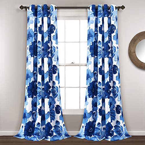 Leah Light Filtering Curtain Panels – Navy & White Floral (Pair) 52 x 95