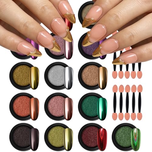 Artdone 16 Jars Chrome Nail Pearl Powder Silver and Gold Mirror Iridescent Aurora Metallic Nail Pigment Pearlescent Mermaid Pigment Pearl Dust Kit, Nail Art Decoration, Acrylic Resin Craft