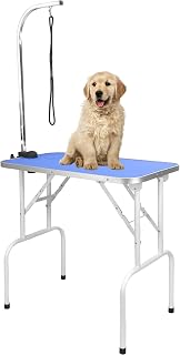 automoris 35inch Dog Grooming Table, Foldable Home Pet Bathing Grooming Station with Adjustable Height Portable Drying Table with Arm Noose for Medium Small Dogs, Blue