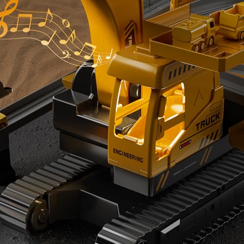 TEMI Bagger Spielzeug für 3 4 5 6 7 8-jährige Jungen, Baustellenfahrzeug mit Rennbahn, Kran Spielzeug für Kinder, Geburtstagsgeschenk für Jungen und Mädchen ab 3 Jahre