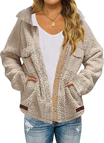 Hotouch Women's Fleece Jacket Long Sleeve Sherpa Jacket Snap Button Outwear With Pockets Winter Fashion Khaki Xxl #TOP22