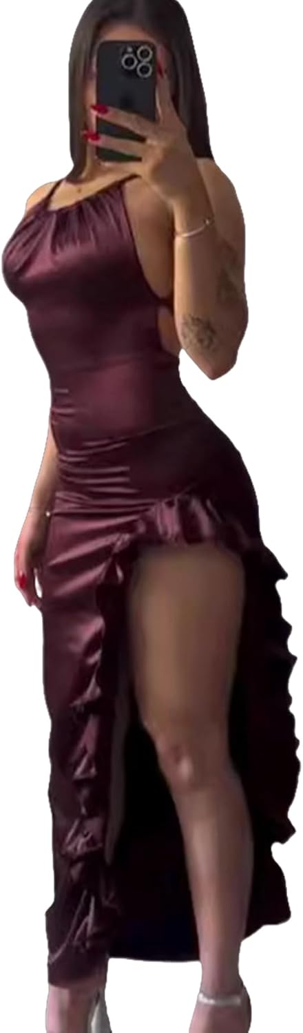 Women's Sexy Satin Sleeveless Lace Up Dress Y2k Pleated Backless Bodycon Ruffle Split Dresses for Party Cocktail