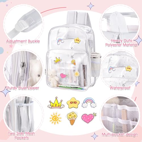 Eccliy 3 Pcs Clear Kawaii Backpack Set Aesthetic for Stadium Events Cute Backpack with Kawaii Pin and Lunch Bag, Pencil Case3