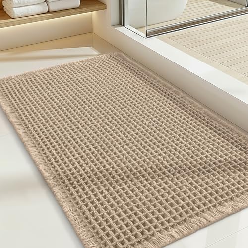 OLANLY Waffle Bath Mat, 20x32 Extra Soft Boho Bathroom Mat, Non Slip Super Absorbent Bathroom Rug, Quick Dry Machine Washable Bath Mats for Bathroom Floor, Tub and Shower, Brown by OLANLY - Used condition - CA$20.93