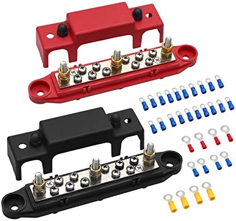 MOFEEZ Bus Bar -3x1/4”Post,10x#8 Screw Terminal Power Distribution Block with Ring Terminals(Pair - Red & Black)