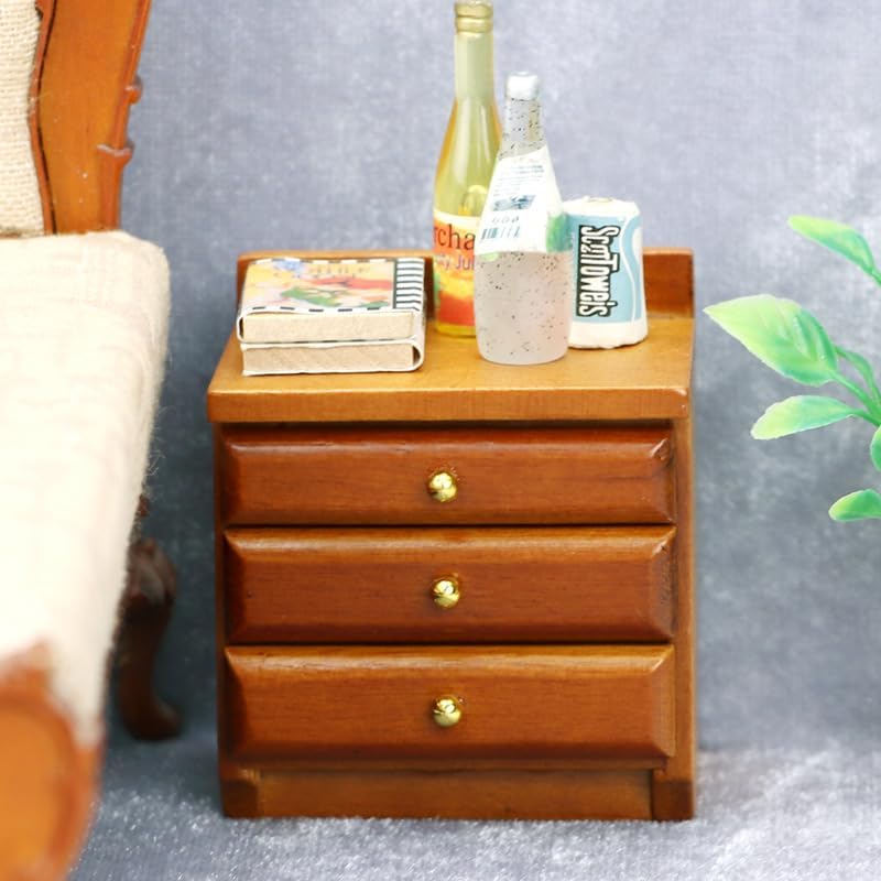 AirAds 1:12 Scale Dollhouse Miniature Bedroom Furniture Brown Bed with 2 nightstands (Set 3) Dolls Bed Dollhouse Decoration