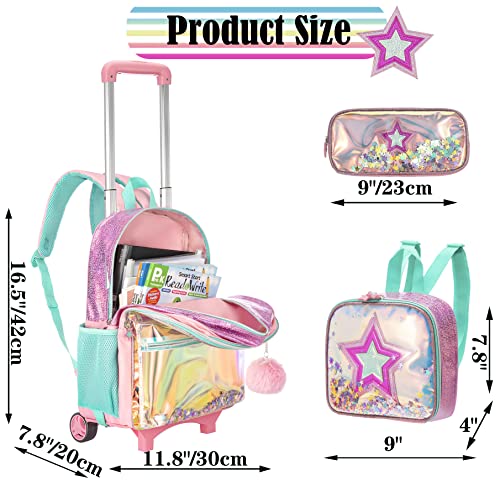 3PCS Rolling Backpack for Girls Backpack with Wheels Girls Backpack with Lunch Box Set Kids Suitcase for Girls Kids Wheeled Bookbag with Roller for Elementary School Sequin School Bag with Wheels2