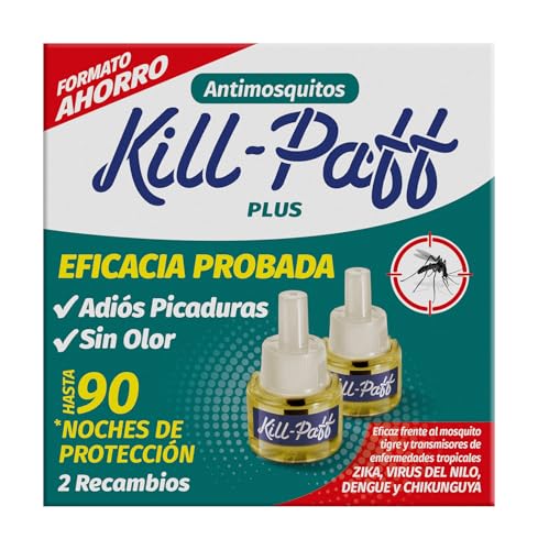 KILL-PAFF | Antimosquitos Eléctrico | Protección Eficaz Contra Mosquitos Tigre y Transmisores de Enfermedades Tropicales | Sin Olor | 90 Noches de Protección | 2 Recambios 33 + 33 ml