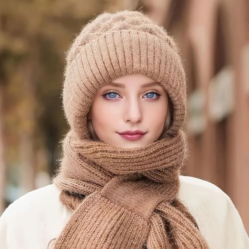 Winter Versatile Knitted Hooded Scarf for Women, Hat Scarf All-in-one Warm Windproof Fleece Cycling Protection Ear Cap3