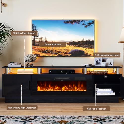 70" TV Stand for Living Room, Modern Entertainment Center & Media Console, Fits TVs up to 80", Storage Cabinet with Shelves, 36" Electric Fireplace with LED Flame (All Black) - Image 6