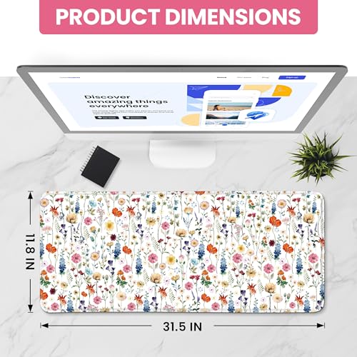 Large Mouse Pad for Desktop, Cute Desk Mat Pad Protector for Work & Gaming, Aesthetic Pretty Anti-Slip Laptop Blotter Cover for Office School Home Supplies, Wildflowers, 31.5" x 11.8" - Image 3