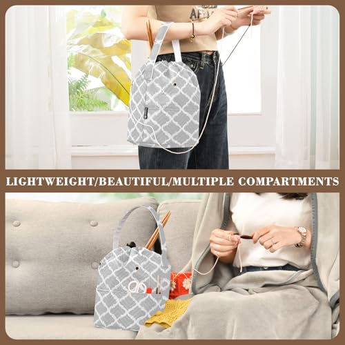 Image of ElliTarr Crochet Bag Yarn Bag with Handle Portable Knitting Project Bag Travel Yarn Storage Organizer Holder Case Silver Minimalist Quatrefoil