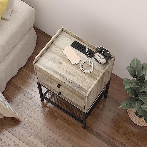 Saedew Nightstand With Charging Station And 2 Usb Ports, Grey Side Table With 2 Drawers And Metal Shelf For Bedroom, Living Room #TOP3