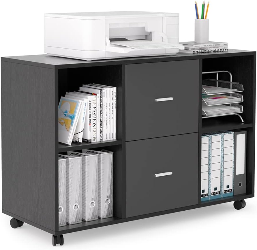 WILLIAMSPACE File Cabinet for Home Office, Filling Cabinets with 2 Drawer & 4 Open Shelves, Printer Stand with Storage Cabinet, Lateral Filling Cabinets on Wheels/Scanner (2 Drawer,Black + Dark Grey) : Everything Else