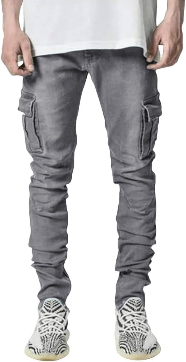 ABSECAI Mens Fashion Slim Fit Skinny Hip Hop Cargo Straps Jeans