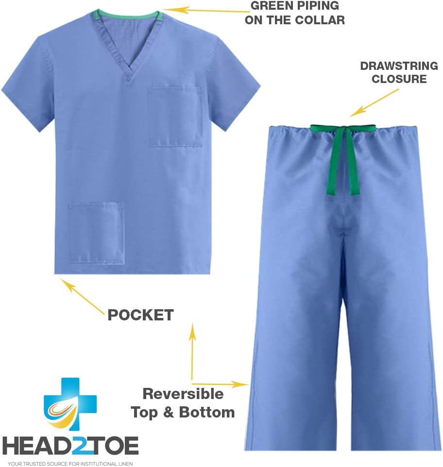 Head2Toe - Unisex V-Neck Reversible 2 Pocket Scrub Top & 1 Pocket Drawstring Pant Classic Medical Uniform Scrubs Set Ceil Blue (med) : Clothing, Shoes & Jewelry