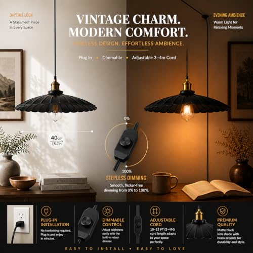 Oyisen Plug in Pendant Lights for Ceiling,15.7 Inch Retro Black Metal Shade Plug in Hanging Lamp On/Off Switch Dining Room Hallway Hanging Pendant Light for Farmhouse — view 3