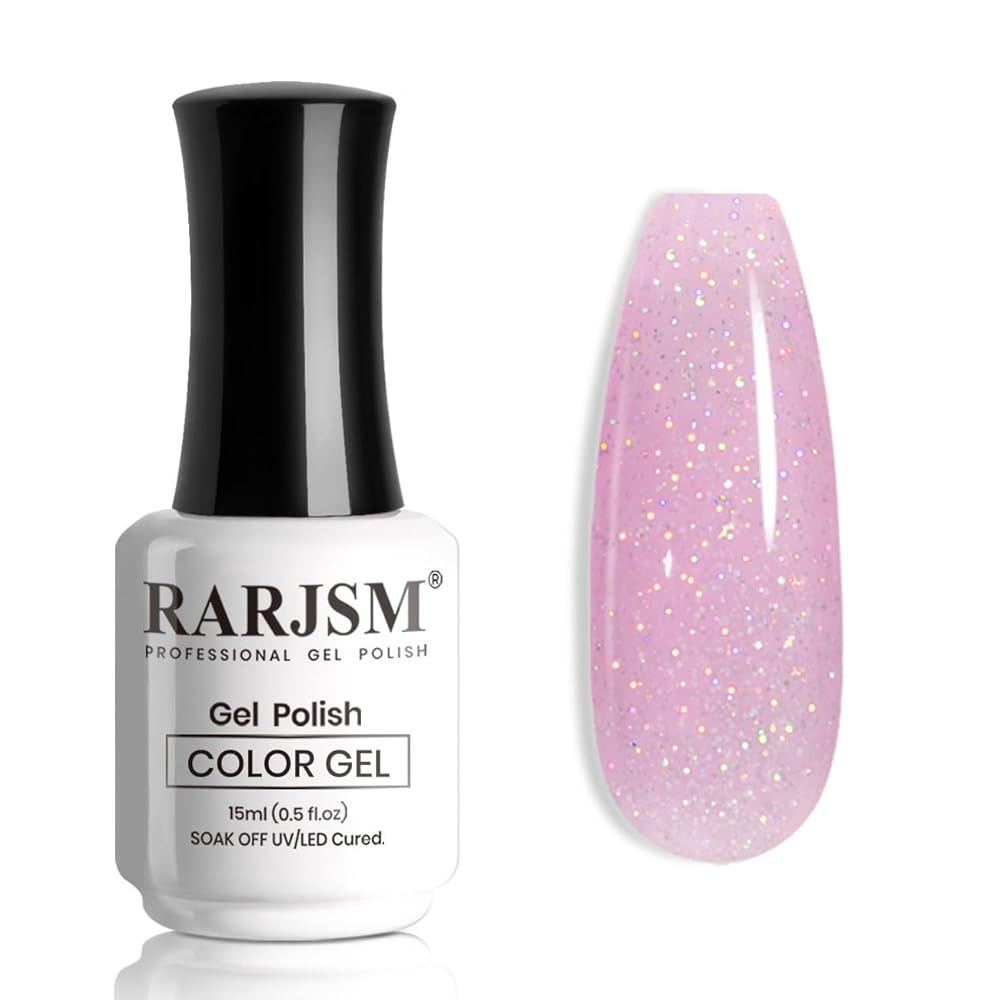 RARJSM Nude Rose Purple Gel Nail Polish with Rainbow Iridescent Glitter Sheer Jelly Shimmer Gel Polish 15ml UV LED Soak Off Transparent Soft Color Home Salon French Manicure Varnish Curing Requires