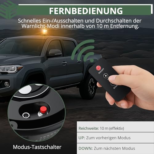EYPINS Rundumleuchte Akku mit Fernbedienung, 12V 24V Warnleuchte Auto Gelb, 6 Blitzmuster aufladbare LED Rundumleuchte mit Magnet-Saugnapf, Warnleuchte Auto für Traktor KFZ LKW SUV| Blendfreie Gehäuse