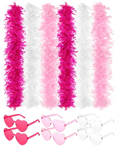 6 Pcs 6.6 Ft Turkey Chandelle Feather Boa Colorful Feather Boas For Women For Dancing With Heart Rimless Sunglasses Colorful Feather Boas Mardi Gras Costumes Women (Multi Color) #TOP17