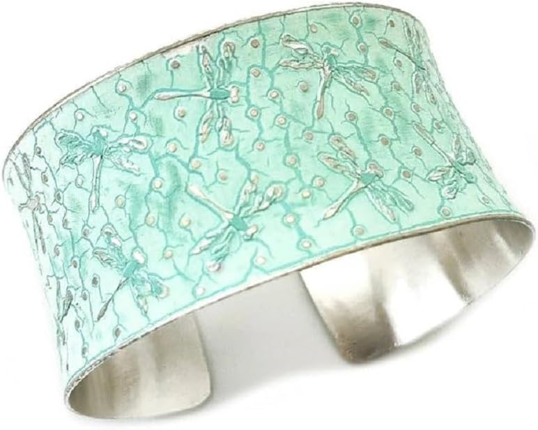 Handcrafted Dragonfly Patina Bracelet, Mint Green, Silver-Plated Brass, Adjustable