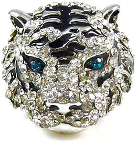 Large Crystal & Enamel Panther Head Cocktail Ring Adjustable