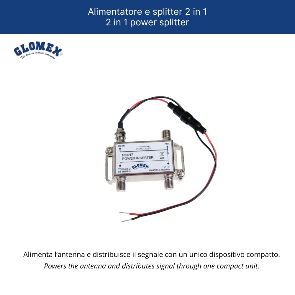 Glomex – Alimentatore Splitter TV/FM/DAB 12Vdc, Modello V9114PI-FM – 2 Uscite Indipendenti, Per Antenne VT300/RA304TV, Per barche a vela, motore, gommoni, yacht – Distribuzione Segnale Efficace