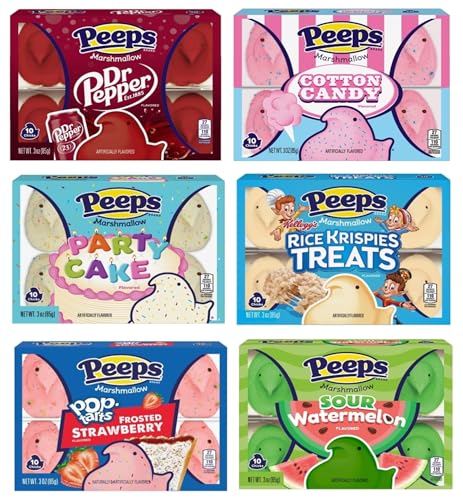 Peeps Chicks Flavored Variety Pack of 6-10 Count - Dr Pepper, Cotton Candy, Party Cake, Rice Krispy, Frosted Strawberry, and Sour Watermelon - Fun Flavors For Everyone