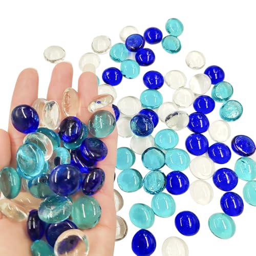 Liliume Muggelsteine Bunt Kinder 850g Muggelsteine Groß Glassteine Deko Flache Marmorperlen Dekorative Glassteine für Aquarium Blumentopf Landschaftsbau(Weiß+ Dunkleblau+ Aquarmarine)