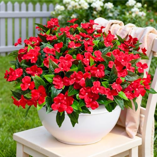 Bassion 6 Bundles Artificial Flowers for Outdoors Fake Impatiens Red
