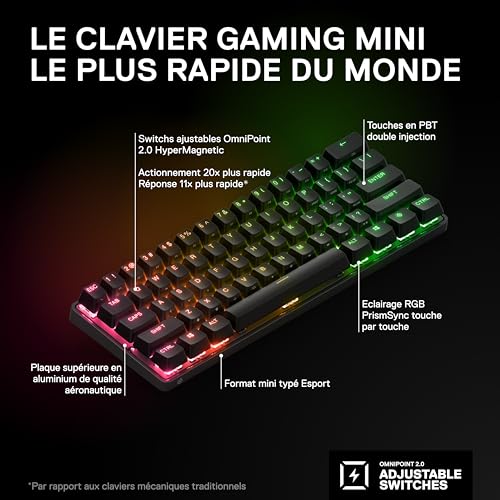 SteelSeries Apex Pro Mini Wireless clavier gaming HyperMagnetic - Format compact 60% - Actionnement ajustable - RGB - Touches PBT - Bluetooth - 2.4 GHz - USB-C - Français AZERTY