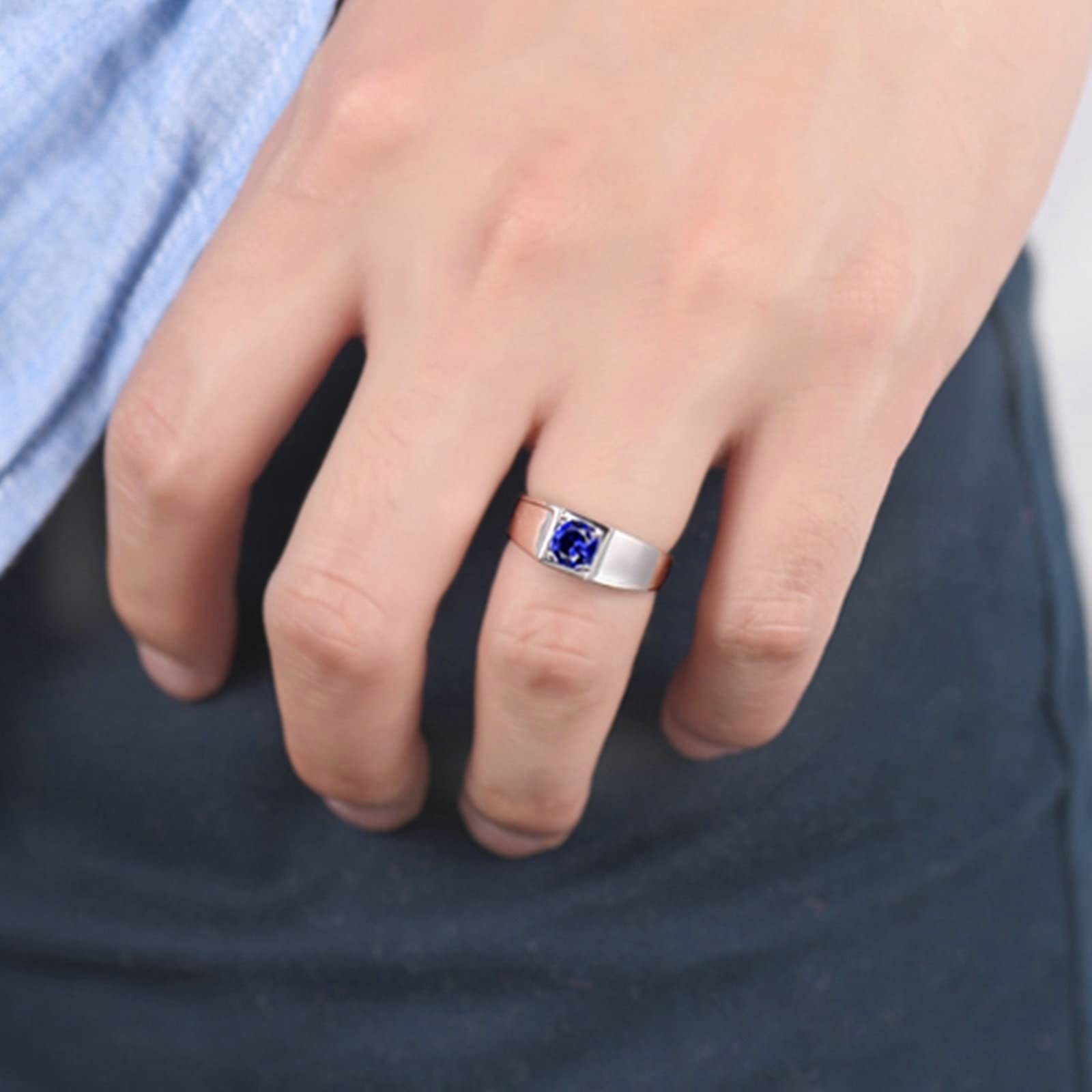 AMDXD Anillo de compromiso de oro blanco 750, 4 garras, anillo solitario ancho con zafiro azul de 0,95 ct, joyería regalo de cumpleaños para hombre