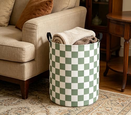Image of Baby Laundry Hamper Basket Baby Hamper for Nursery Boy and Girl Cute Storage Bin Organizer Boho Room Decor(Green Checkered)