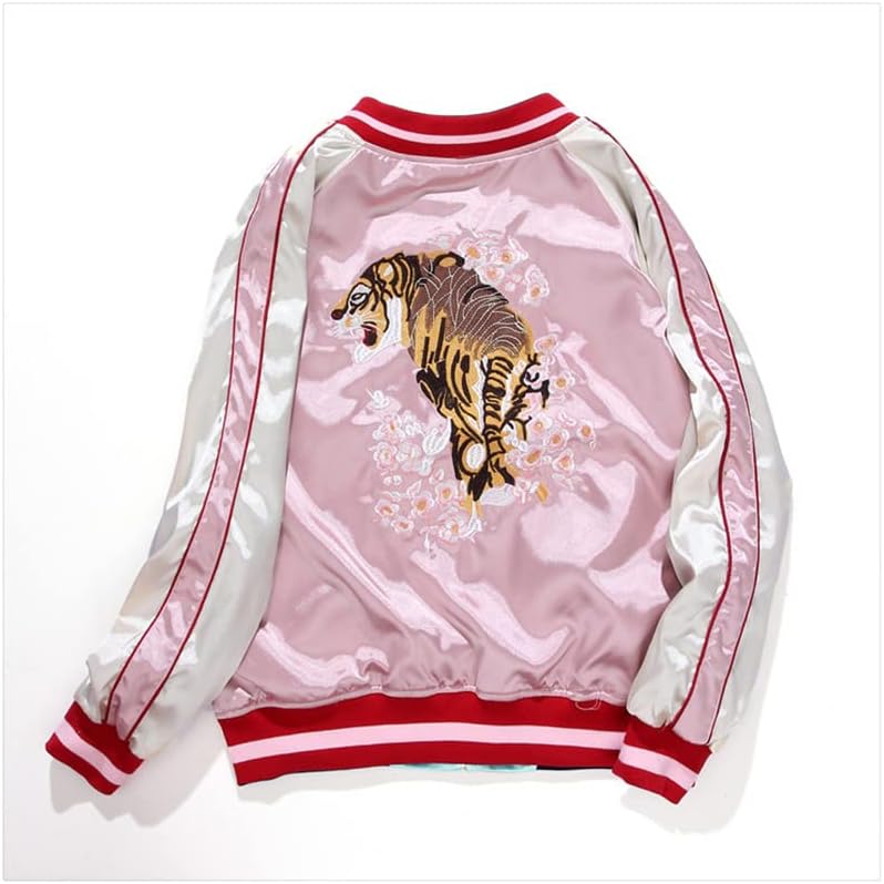 JYHBHMZG Double-Sided Satin Baseball Jacket for Women.Sukajan Coat. Themed.Embroidered Spring Apparel