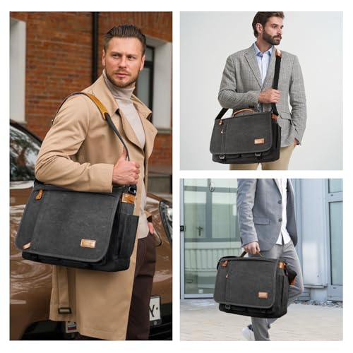 Image of ESTARER Messenger Bag 17.3 Inch, Mens Computer Bag for Teacher /College /Work /Travel, Water-resistant Canvas Laptop Bag Satchel Briefcase, Dark Grey