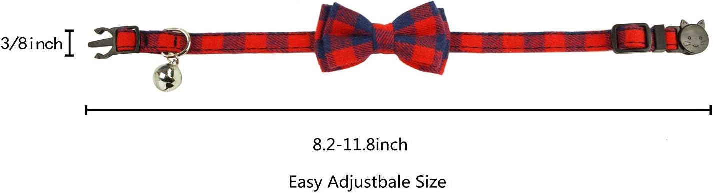 Pohshido Red Plaid Cat Collar with Movable Bowtie, Cat Bowtie Plaid Patterns for Cats, Breakaway Buckle Safety Kitty Collar with Bell, Adjustable Pet Collar for Cats and Puppies (Red Cutie)