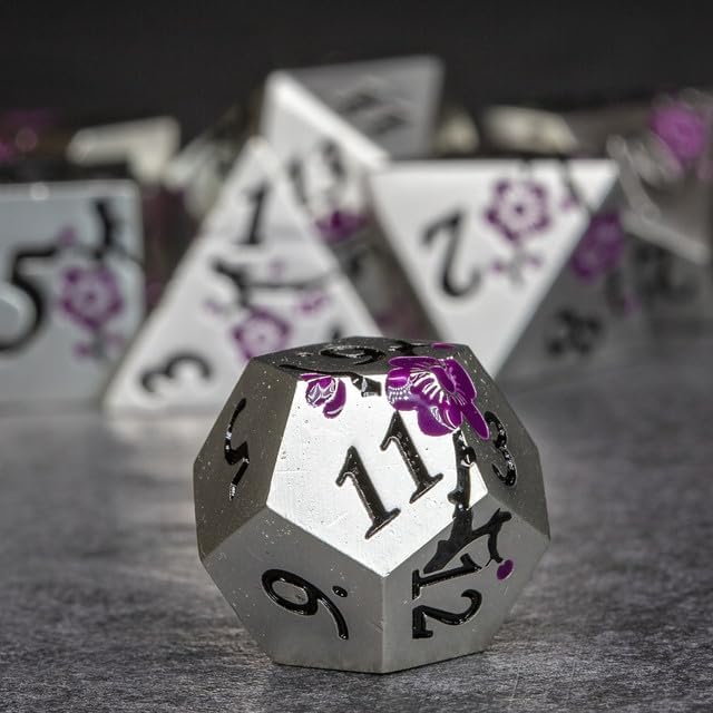 Sage's Portal Petrified Flowers Metal DND Dice 7 Piece Polyhedral Dice Set for DND TTRPG Dungeons and Dragons Pathfinder (Silver/Purple)
