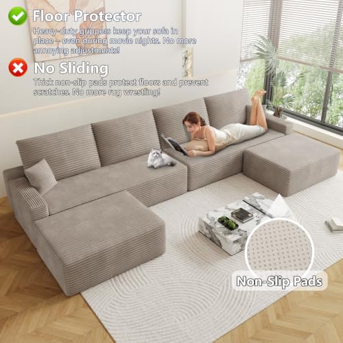 Image of Oversized Modular Sectional Sofa Couch, Large 6 Seater Corner Sofa Modern U Shaped Sectional Couch with Ottoman Cloud Couches for Living Room, Office, Spacious Space, Corduroy, No Assembly, Camel