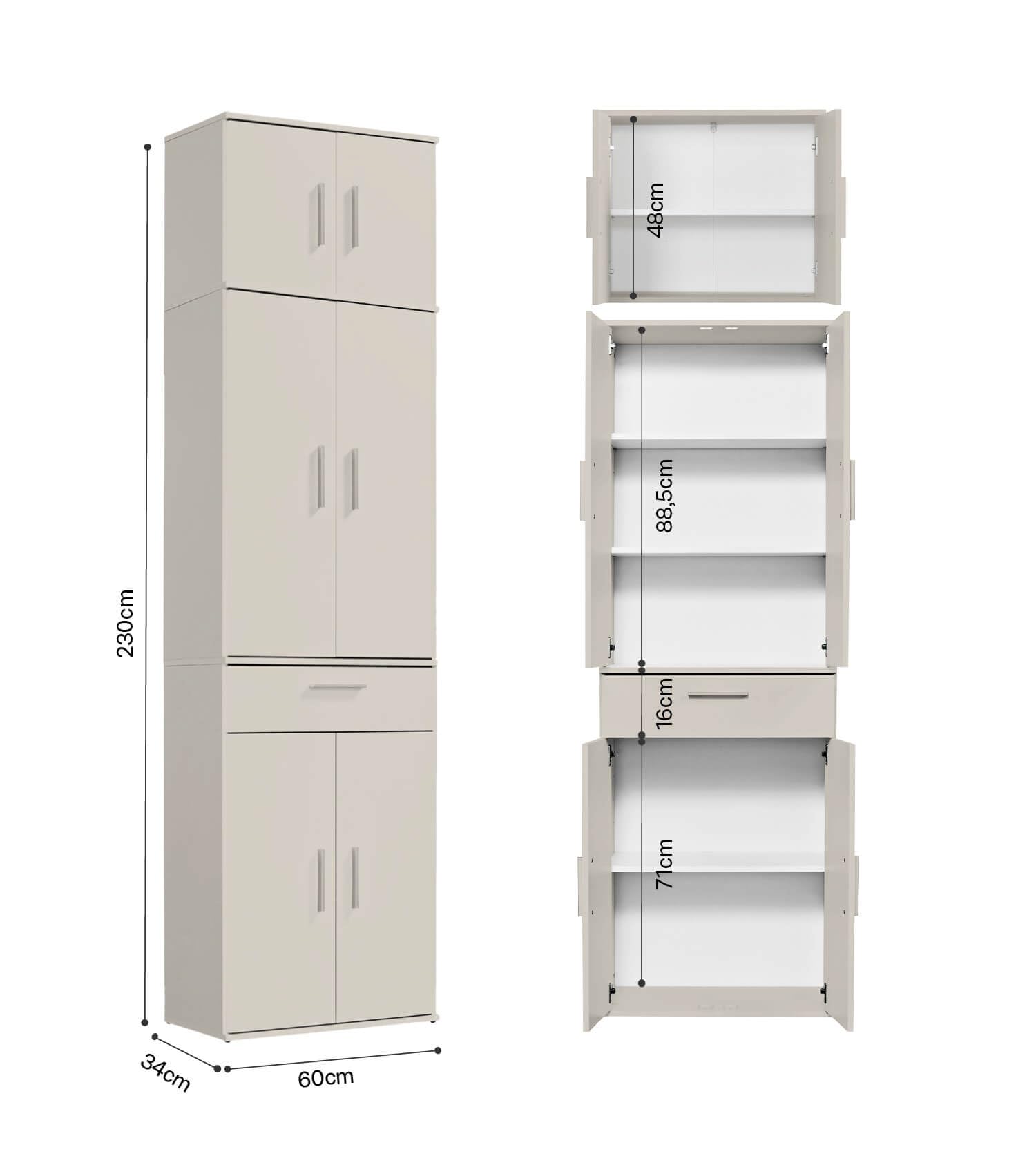 mokebo Mehrzweckschrank Büroschrank Kaschmir (230x60 cm) 'Der Extralange' Made in Germany aus Holz extra hoch mit 48 Türen Aktenschrank Schuhschrank Grau Beige