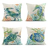 LOKMU Set of 4 Throw Pillow Covers Watercolor Sea Life Blue Crab Seahorse Turtle Square Linen Home D