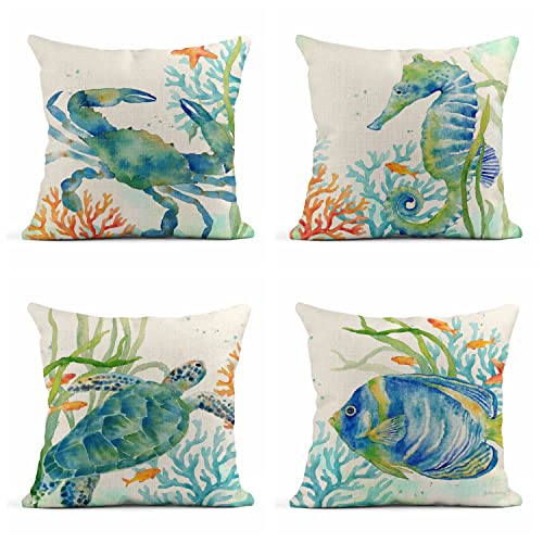 Lokmu Set Of 4 Throw Pillow Covers Watercolor Sea Life Blue Crab Seahorse Turtle Square Linen Home Decorative Cushion Covers Pillowcases For Outdoor Bed Sofa Bar Wedding Couch Family 18X18 Inches #TOP7
