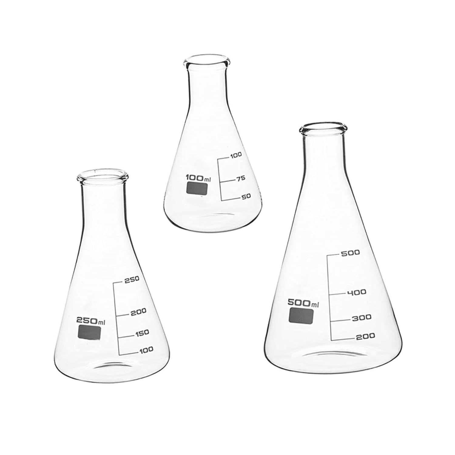 3pcs High Borosilicate Glass Conical Flasks Flat Bottom Erlenmeyer Flasks with Scale for Chemistry Experiments and School Laboratory Use