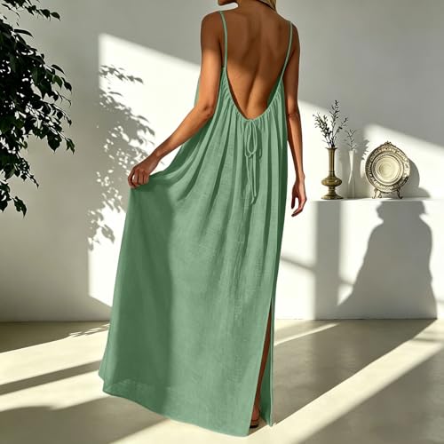 Munweiyu Robe d'été longue pour femme - Dos nu - En lin - Robe de plage avec cordon de serrage - Robe de nuit aérée et légère - Robe maxi confortable avec bretelles spaghetti - Robe de loisirs pour – vue 6