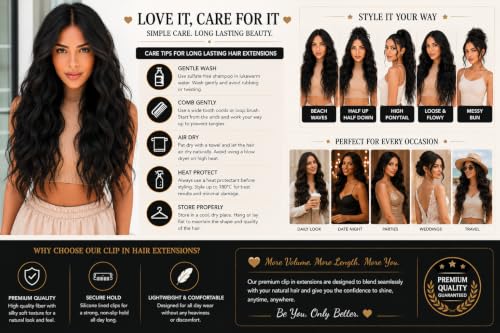 Image of Salon-Grade Clip-in Hair Extensions for Women, Imported Synthetic Hair, 6 PCS with 13 Secure Clips, Instant Volume, Natural Blend, Reusable Hair Volumizer (Black, Curly /Wavy)