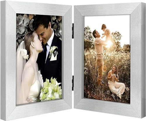 Golden State Art, 5x7 Double Picture Frame Silver, 1 Pack