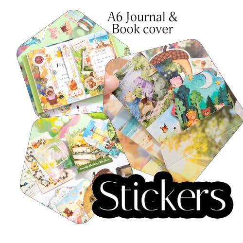 Image of The AutoStory Vintage Scrapbook Album Kit - A6 Junk Journal Notebook with Aesthetic Stickers, Collage Paper Pack & Washi Tape - DIY Journaling Supplies Gift for Teens & Girls (Forest Dream, Green)