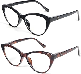 Cat Eye Reading Glasses for Women 2 Pairs Readers Spring Hinge With Cute Heart Frame