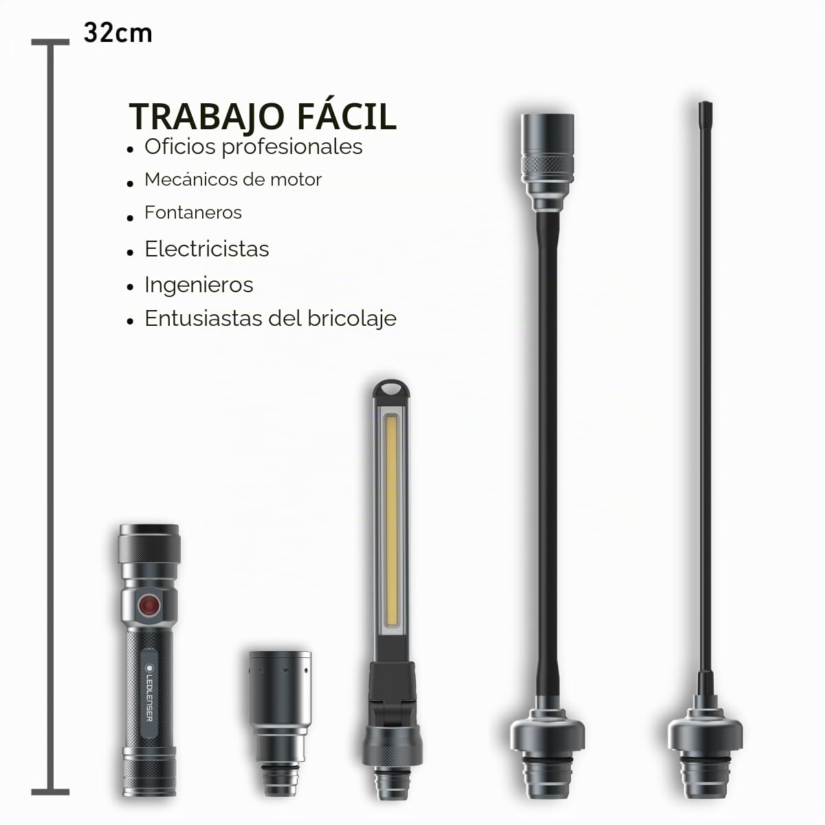 Ledlenser Workers Friend Rechargeable 4-1 Quick Connect Portable Work Light | 280lm, 4 accesorios, lámpara de inspección ajustable, hasta 5,5h de autonomía, magnética y flexible, uso profesional