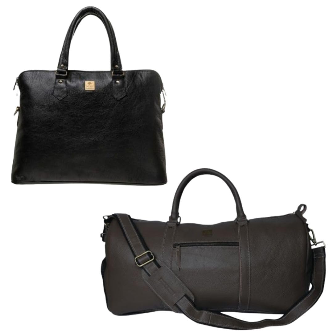 RUSTIC ROOTSGenuine Leather Laptop & Duffel Bag with Adjustable & Removable Strap | Gym Travel Luggage Bag & 16inch Laptop Travel Messenger Bag for Office - Brown & Black